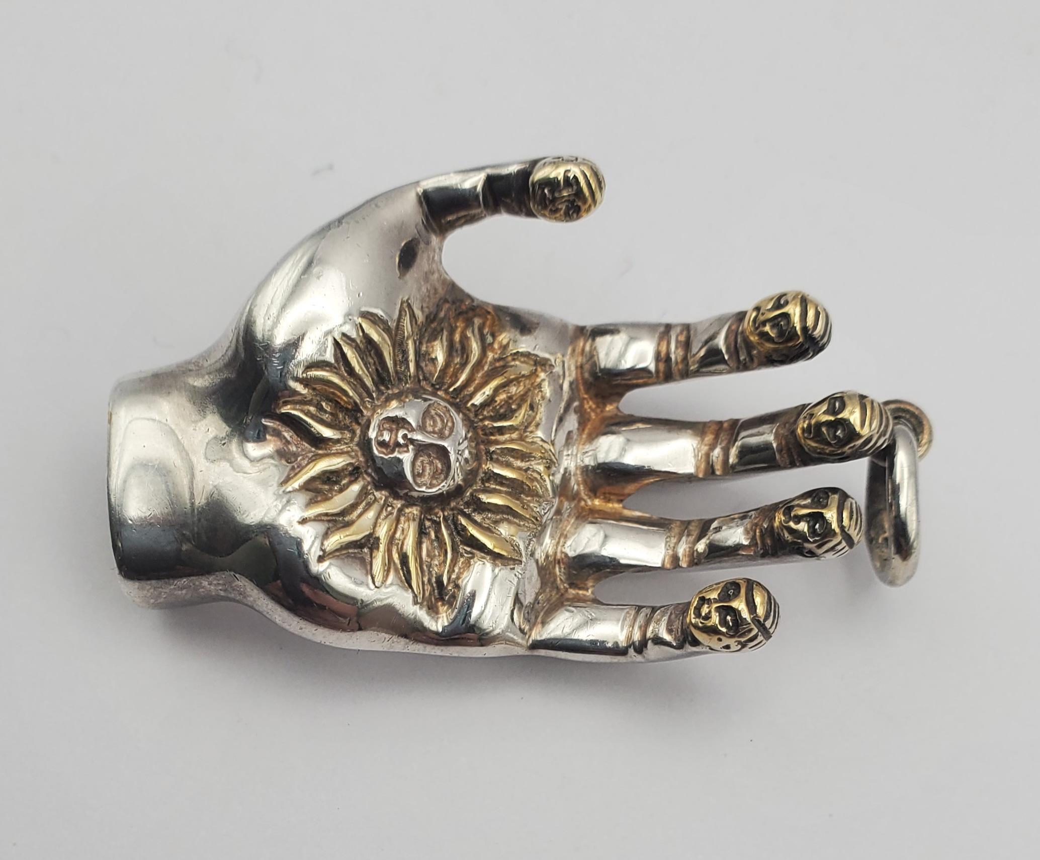 SS/YGP Unique Signed Sergio Bustamante Sculpted Hand Pendant In Good Condition For Sale In Pittsburgh, PA
