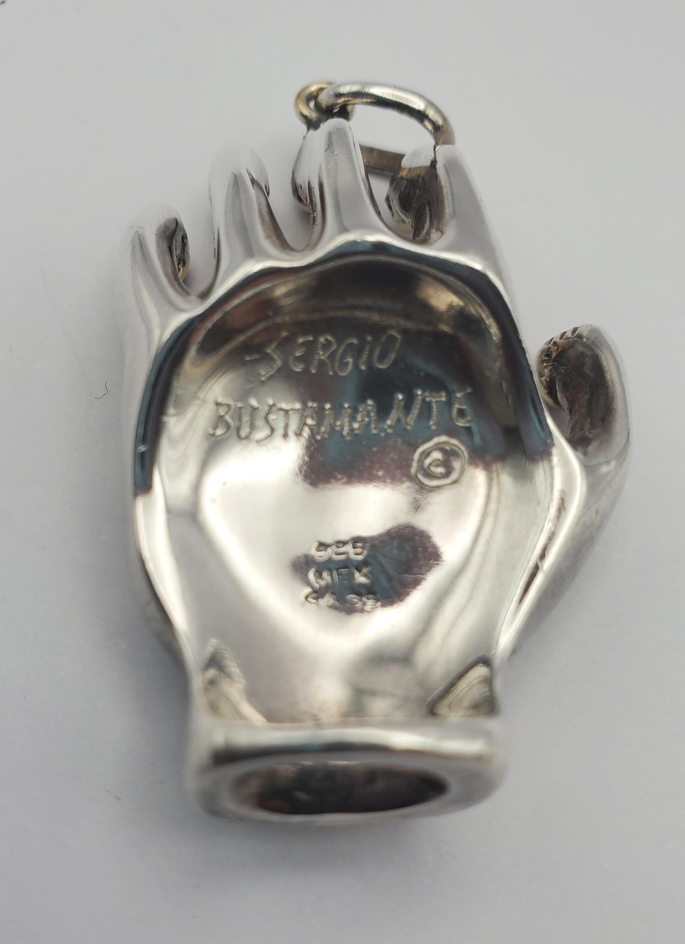 Women's or Men's SS/YGP Unique Signed Sergio Bustamante Sculpted Hand Pendant For Sale