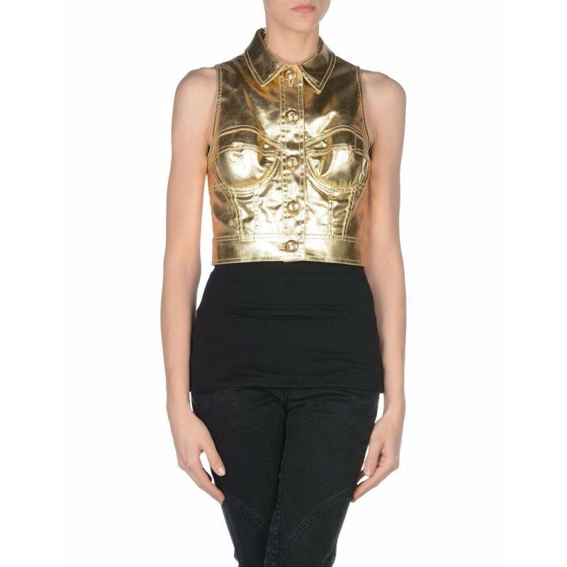 SS15 Barbie Moschino Couture x Jeremy Scott Gold Lamé Buttoned Collar Top It 40 In New Condition For Sale In Palm Springs, CA