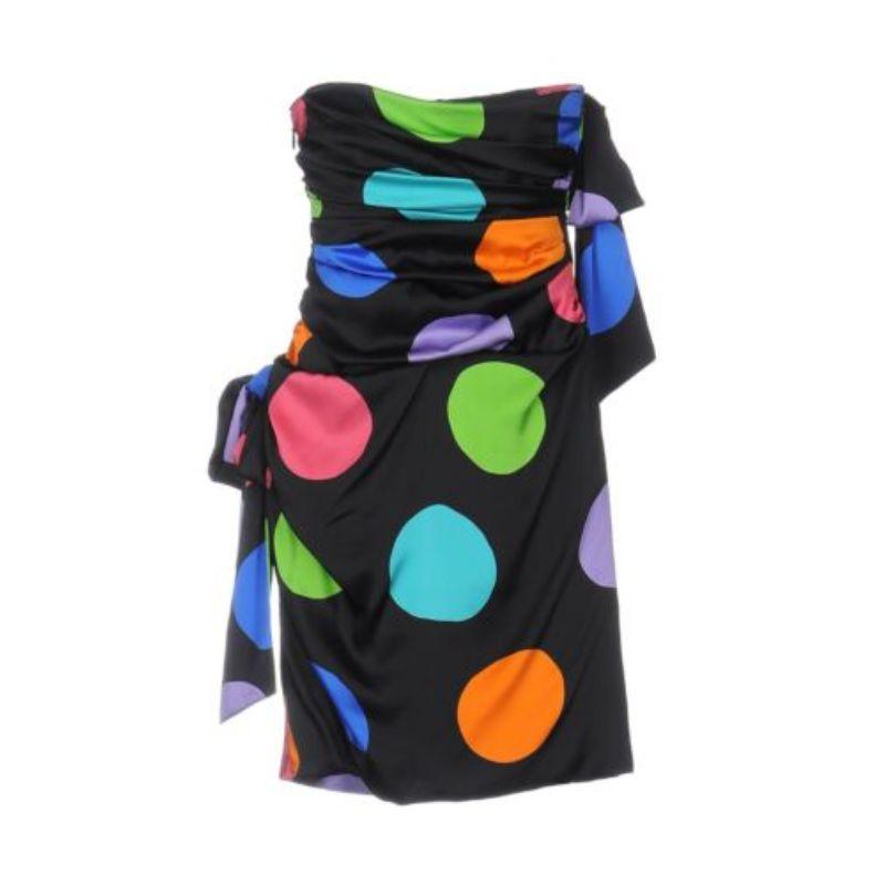 SS15 Moschino Couture Jeremy Scott Barbie Black Silk Cocktail Dress Neon Circles In New Condition For Sale In Palm Springs, CA