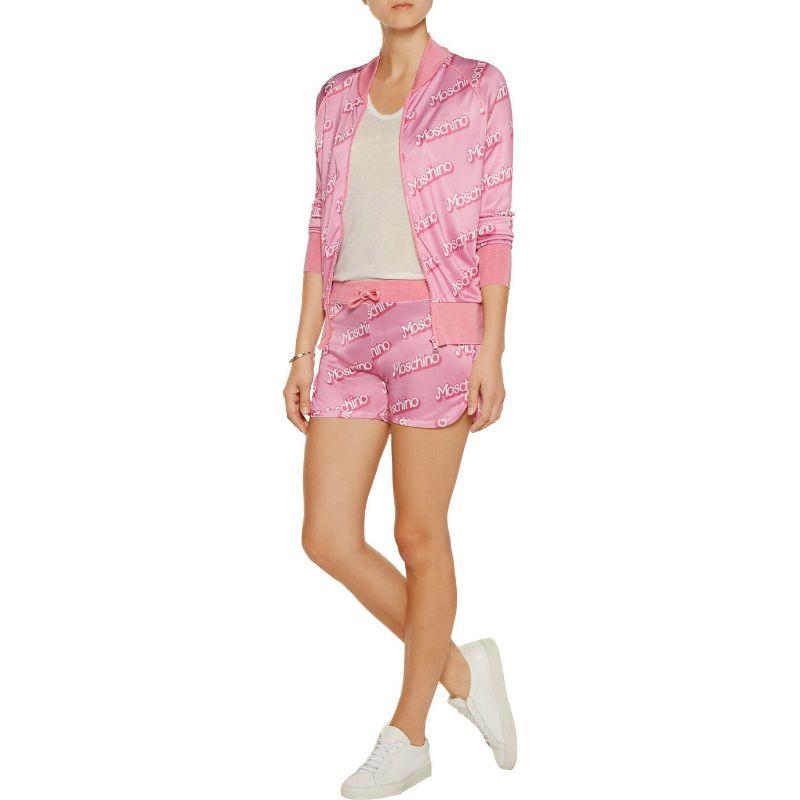 SS15 Moschino Couture Jeremy Scott Barbie Logo Satin Shorts Baby Pink Think Pink For Sale 2