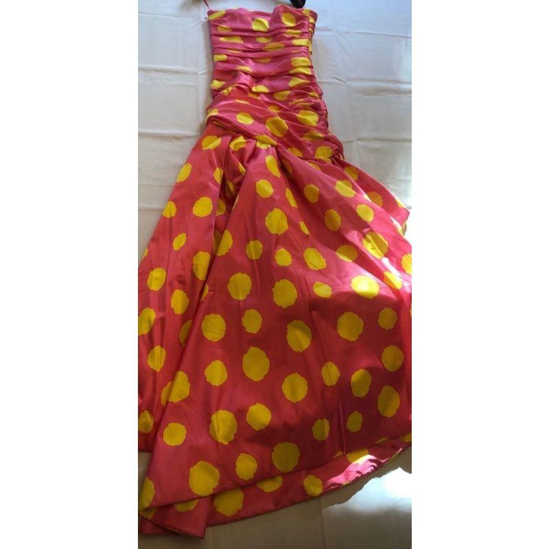 SS15 Runway Moschino Couture Jeremy Barbie Silk Pink Gown W/ Yellow Dots In New Condition In Palm Springs, CA