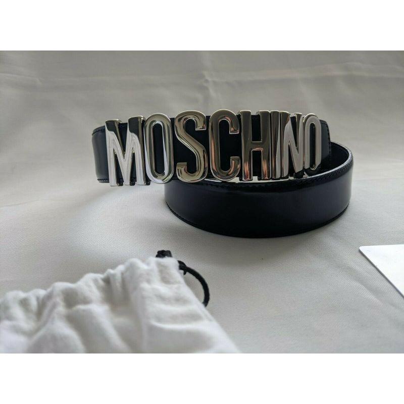 SS17 Moschino Couture Jeremy Scott Black Leather Belt with Silver Lettering Logo For Sale 3