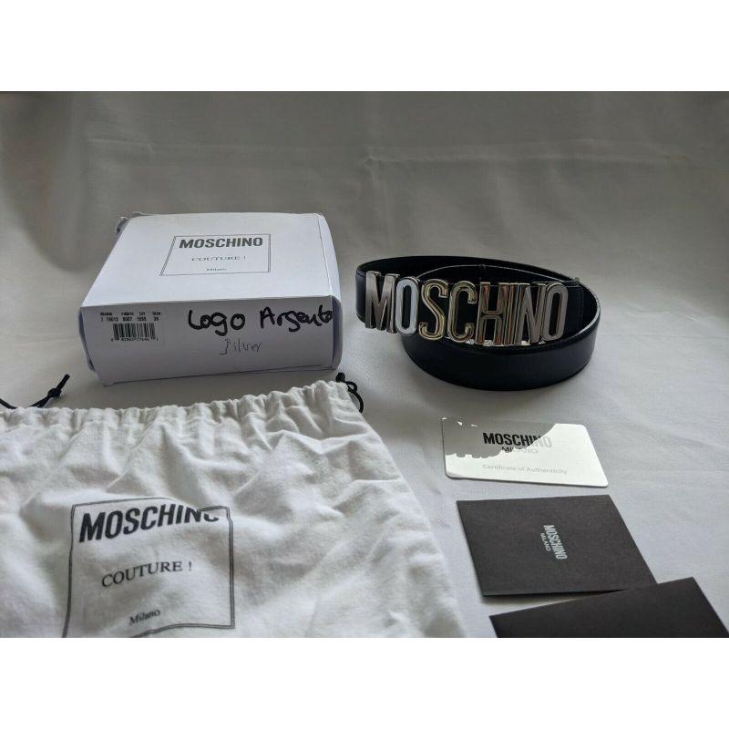 SS17 Moschino Couture Jeremy Scott Black Leather Belt with Silver Lettering Logo For Sale 4