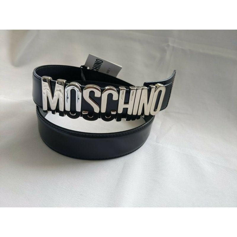 SS17 Moschino Couture Jeremy Scott Black Leather Belt with Silver Lettering Logo For Sale 5