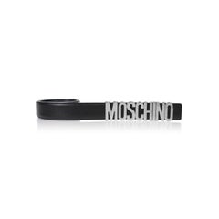 Cintura in pelle nera SS17 Moschino Couture Jeremy Scott con logo in lettere d'argento