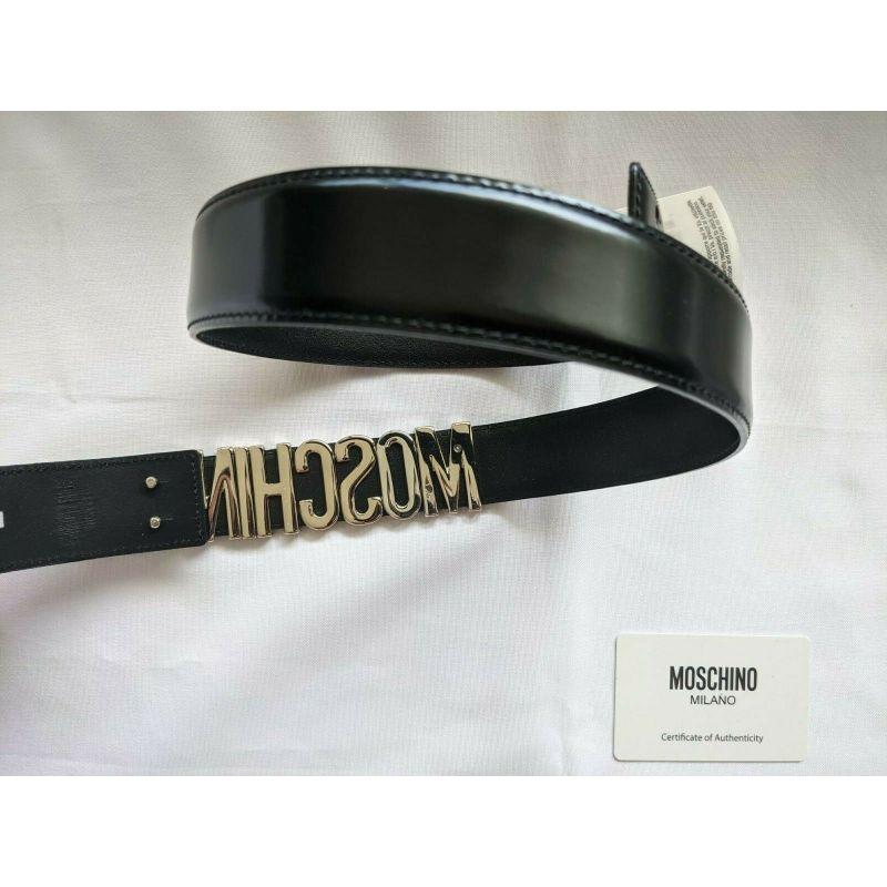 Women's SS17 Moschino Couture Jeremy Scott Black Leather Belt with Silver Lettering Logo For Sale