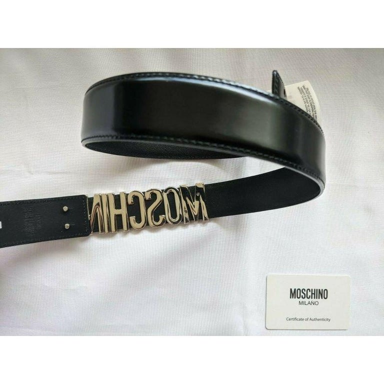 SS17 Moschino Couture Jeremy Scott Black Leather Belt with Silver Lettering  Logo For Sale at 1stDibs