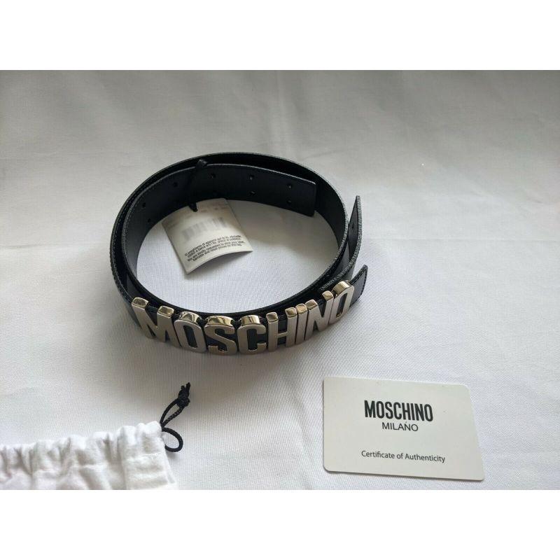 SS17 Moschino Couture Jeremy Scott Black Leather Belt with Silver Lettering Logo For Sale 1