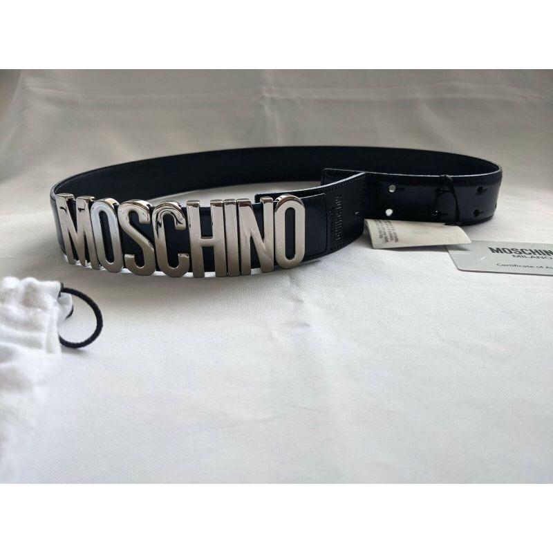 SS17 Moschino Couture Jeremy Scott Black Leather Belt with Silver Lettering Logo For Sale 2