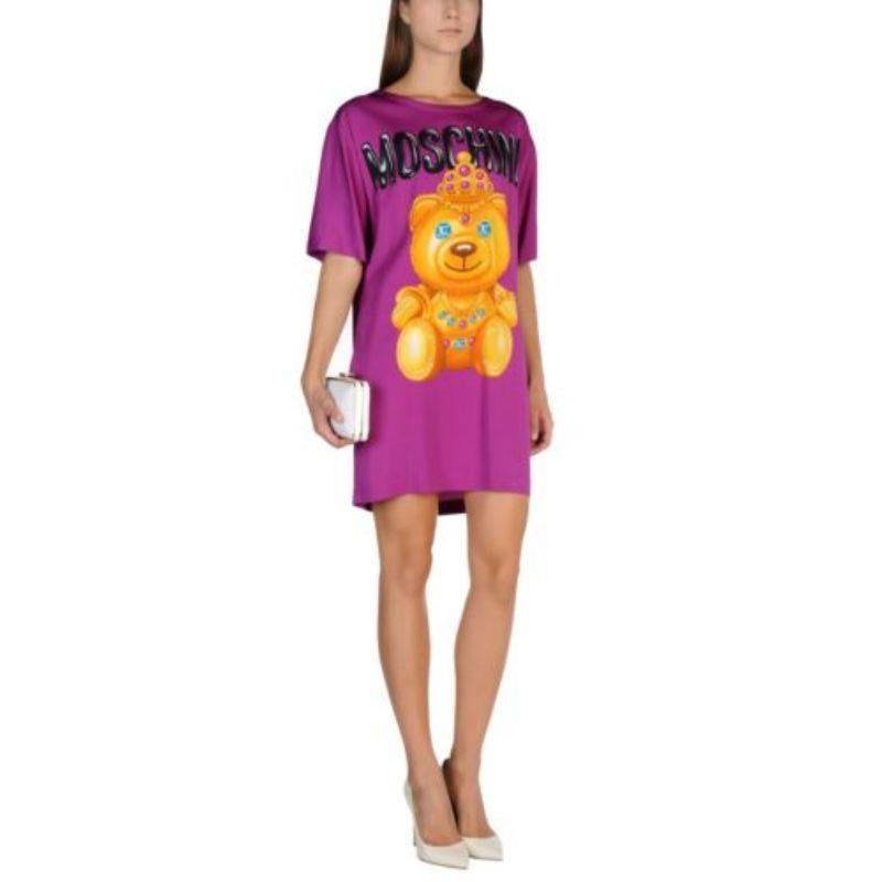 SS17 Moschino Couture Jeremy Scott Crowned Teddy Bear Fuchsia Silk Dress For Sale 5
