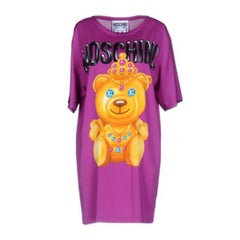 SS17 Moschino Couture Jeremy Scott Crowned Teddy Bear Fuchsia Silk Dress