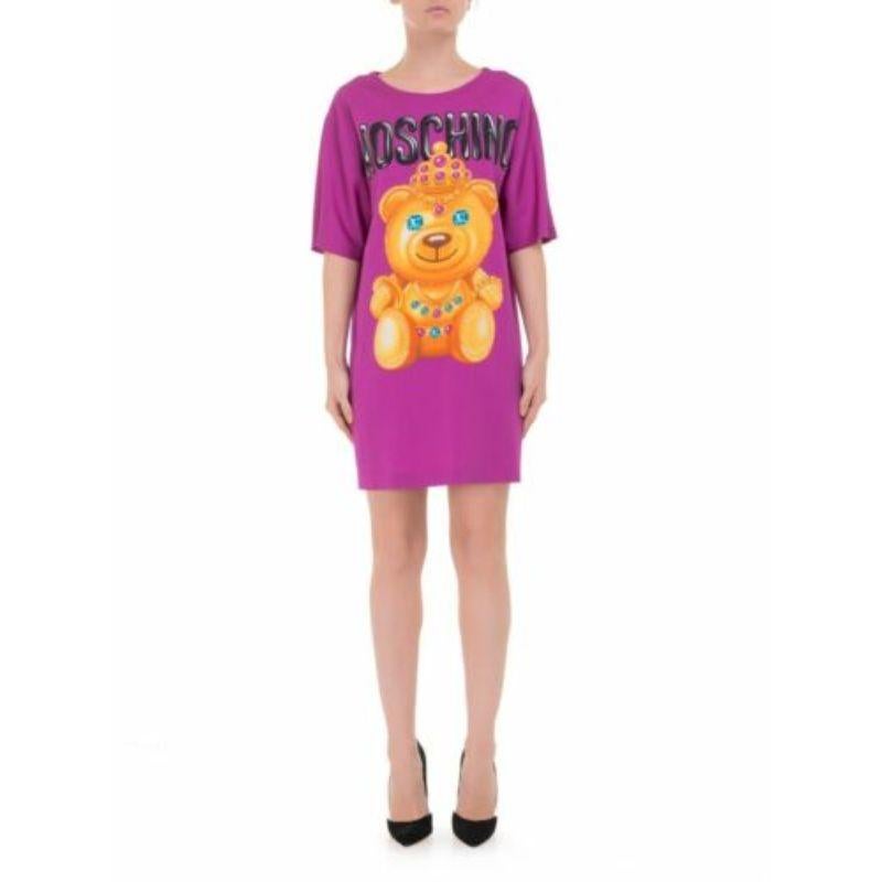 SS17 Moschino Couture Jeremy Scott Crowned Teddy Bear Fuchsia Silk Dress For Sale 3
