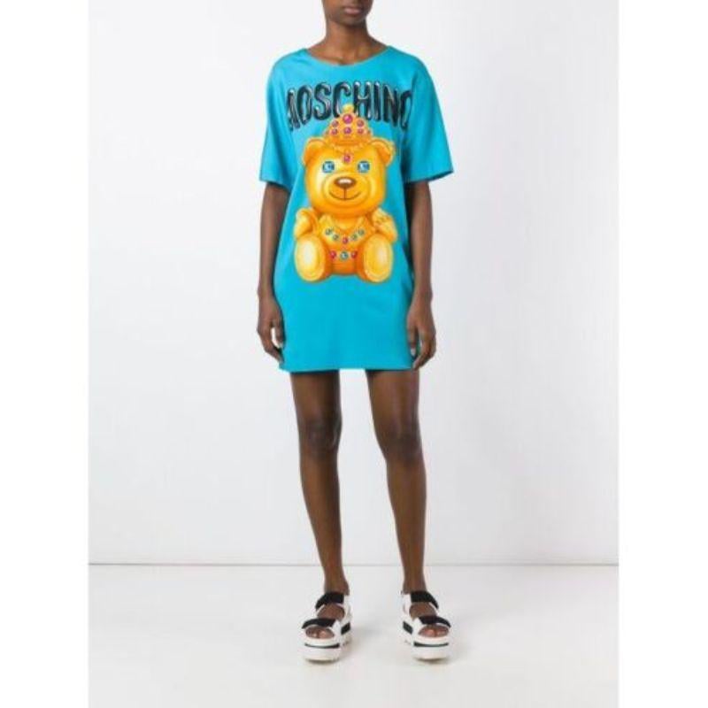 SS17 Moschino Couture Jeremy Scott Crowned Teddy Bear Light Blue Silk Dress For Sale 3