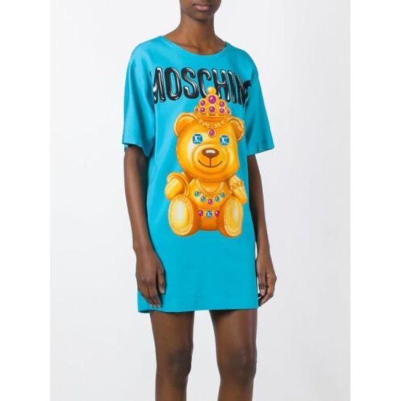 SS17 Moschino Couture Jeremy Scott Crowned Teddy Bear Light Blue Silk Dress For Sale 5