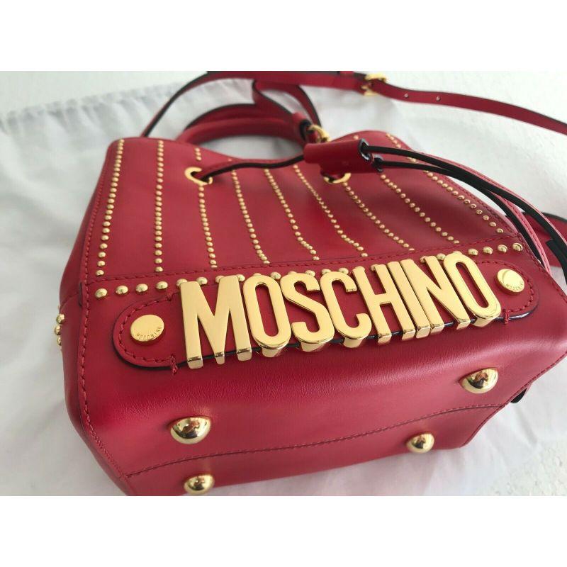 SS17 Moschino Couture Jeremy Scott Gold Studded Red Leather Bucket Bag For Sale 2