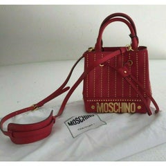 SS17 Moschino Couture Jeremy Scott Gold Studded Red Leather Bucket Bag
