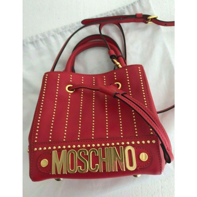 SS17 Moschino Couture Jeremy Scott Gold Studded Red Leather Bucket Bag For Sale 1