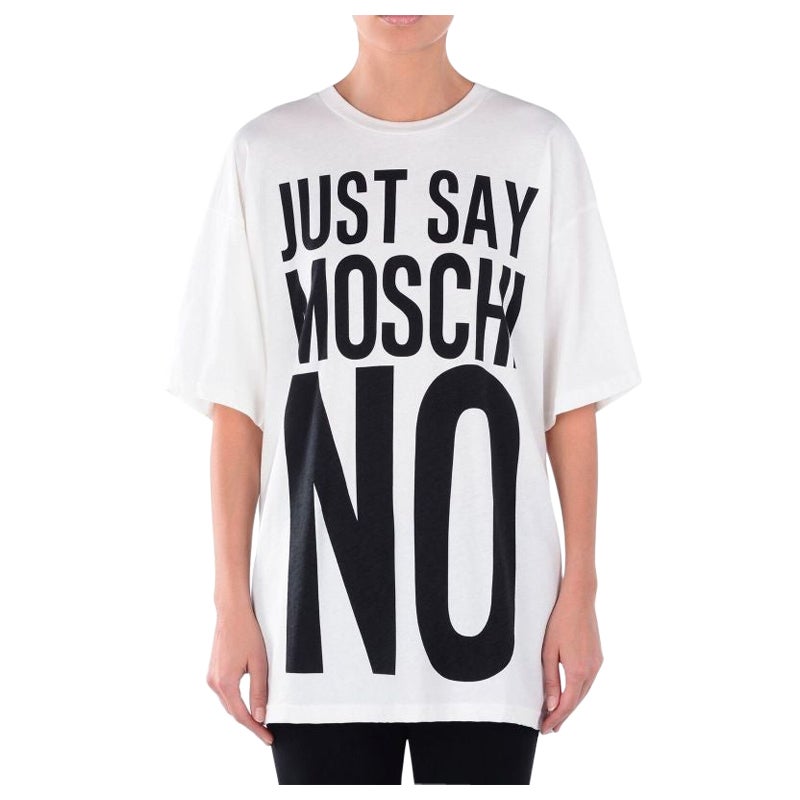 SS17 Moschino Couture Jeremy Scott JustSayMoschino Weiß-Schwarzes T-Shirt aus Baumwolle