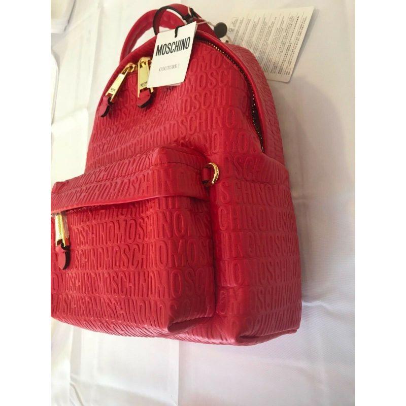 SS17 Moschino Couture Jeremy Scott Red Leather Backpack Wall Over Embossed Logo For Sale 6
