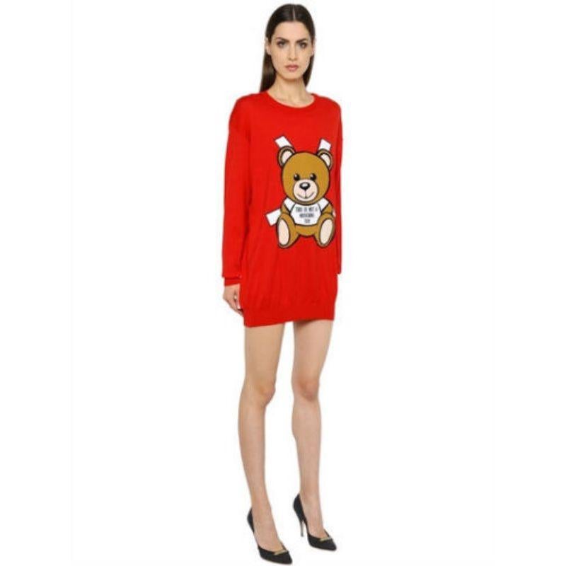 SS17 Moschino Couture Jeremy Scott Teddy Bear Paper Doll Red Intarsia Dress In New Condition For Sale In Palm Springs, CA