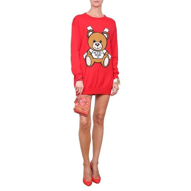 SS17 Moschino Couture Jeremy Scott Teddy Bear Paper Doll Red Intarsia Dress For Sale 3