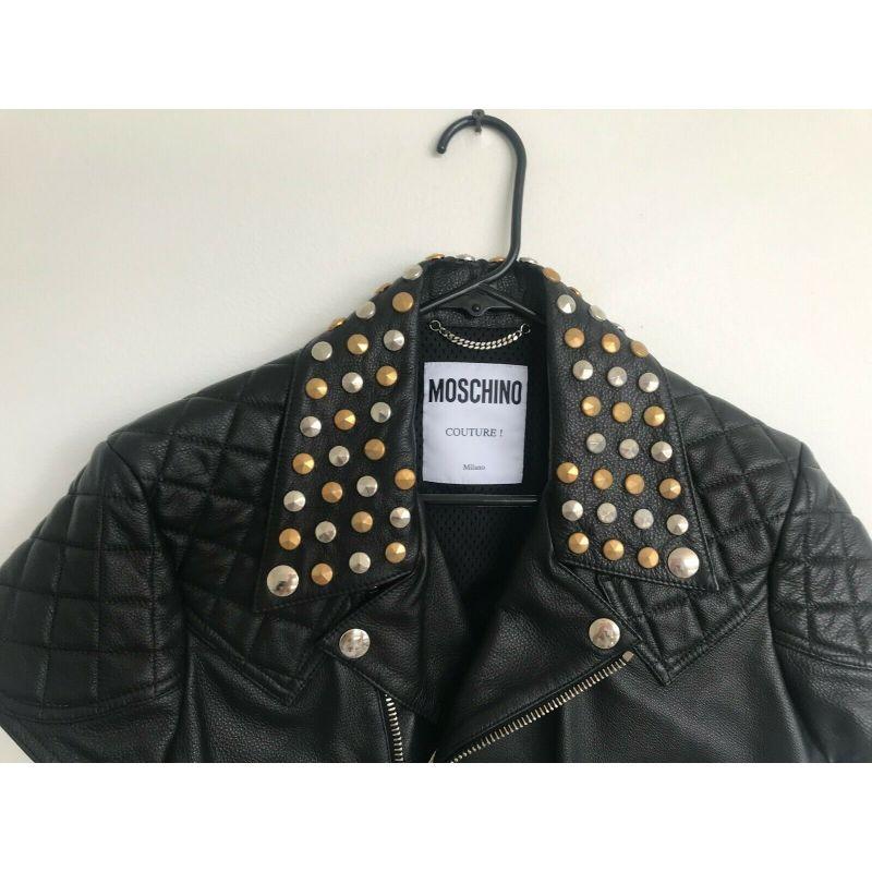 SS18 Moschino Couture Jeremy Scott Cropped Black Leather Biker Jacket W/studs 2