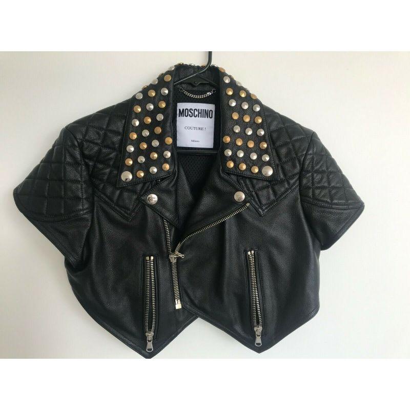 SS18 Moschino Couture Jeremy Scott Cropped Black Leather Biker Jacket W/studs 4