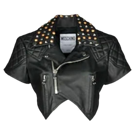 SS18 Moschino Couture Jeremy Scott Cropped Black Leather Biker Jacket W/studs
