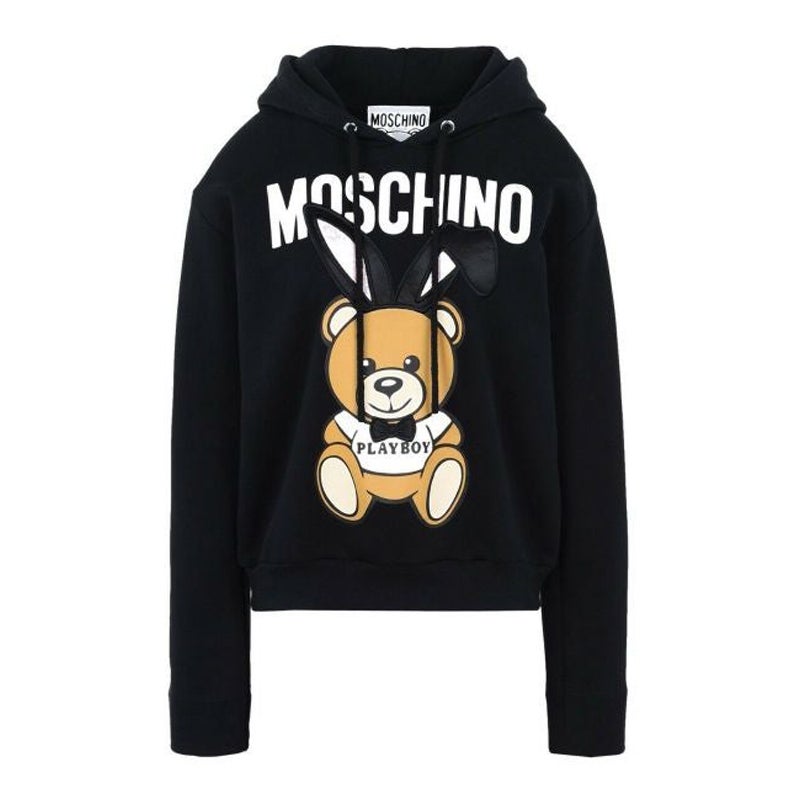 Sweat-shirt noir à capuche Playboy Moschino Couture x Jeremy Scott Teddy Bear SS18