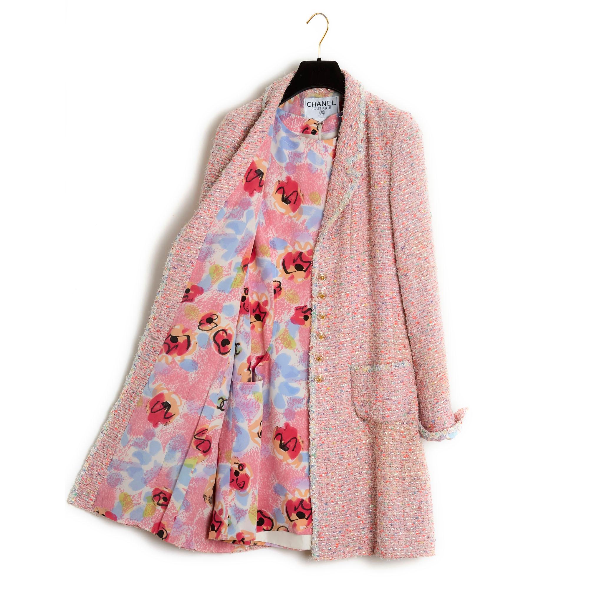 Women's SS1997 Chanel Coat and Dress Tweed Silk Pink Ensemble US10