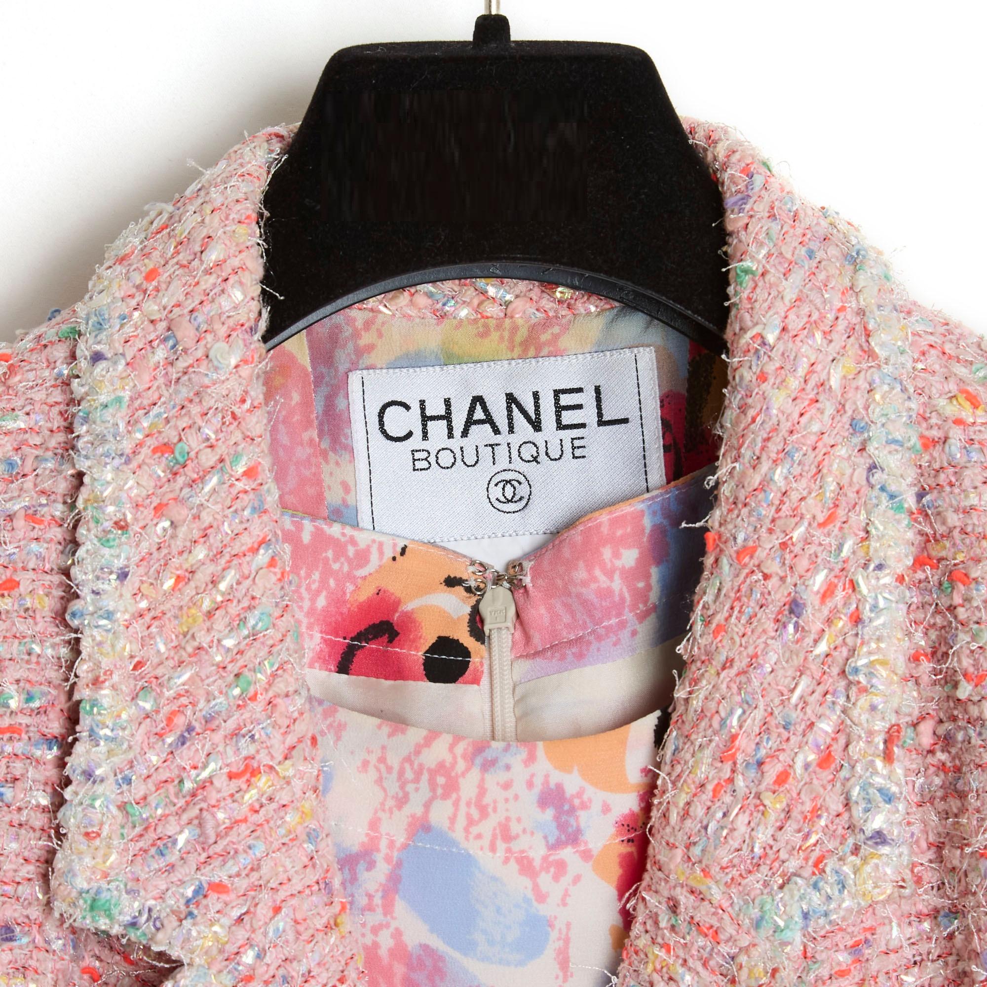 SS1997 Chanel Coat and Dress Tweed Silk Pink Ensemble US10 5
