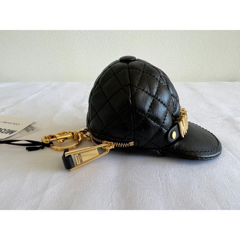 Black SS20 Moschino Couture Baseball Cap Shaped Logo Leather Keychain by Jeremy Scott For Sale