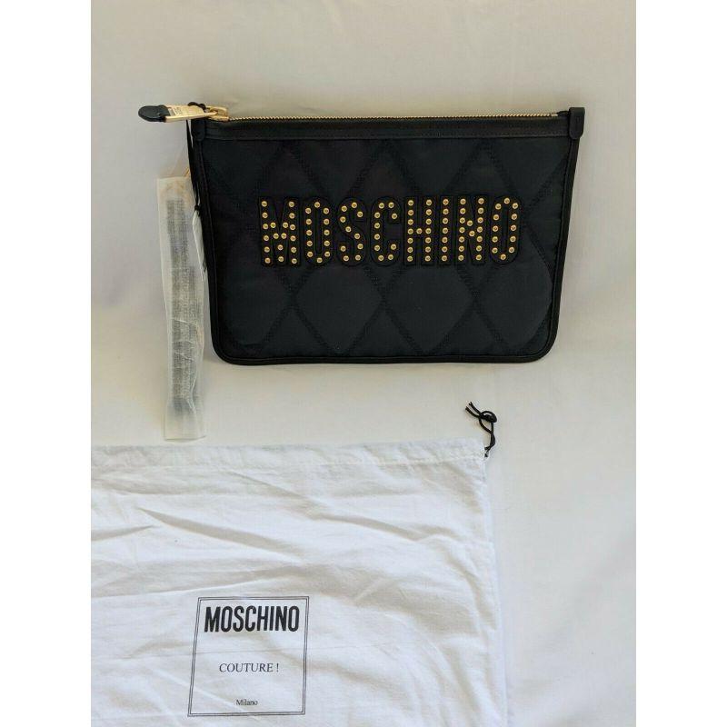SS20 Moschino Couture Jeremy Scott Black Nylon Clutch With Gold Studded Logo For Sale 7