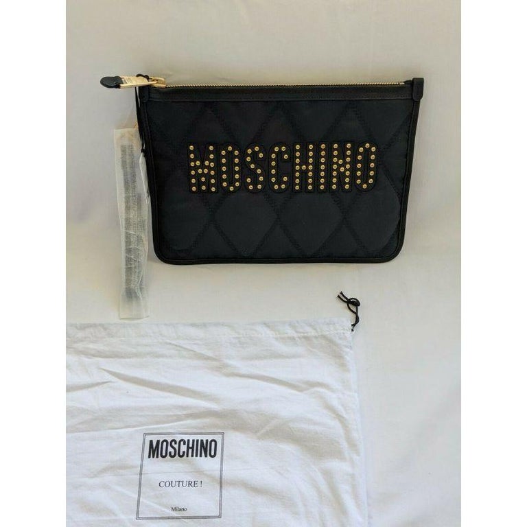 SS20 Moschino Couture Jeremy Scott Black Nylon Clutch With Gold Studded Logo For Sale 8