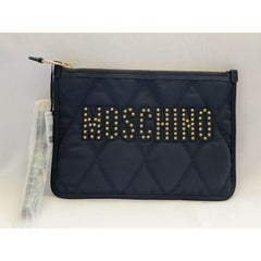 SS20 Moschino Couture Jeremy Scott Black Nylon Clutch With Gold Studded Logo
