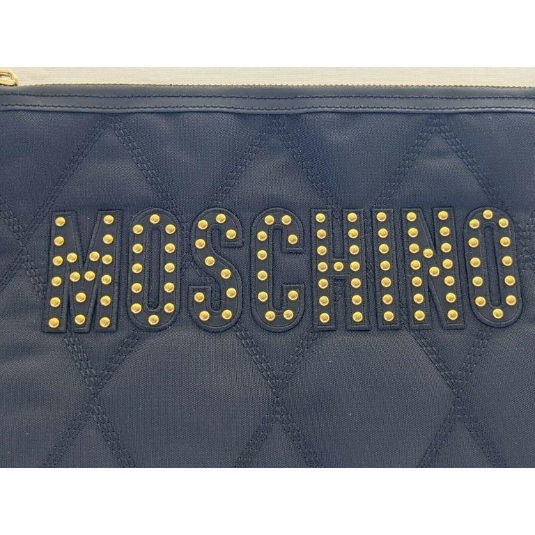 SS20 Moschino Couture Jeremy Scott Black Nylon Clutch With Gold Studded Logo For Sale 2