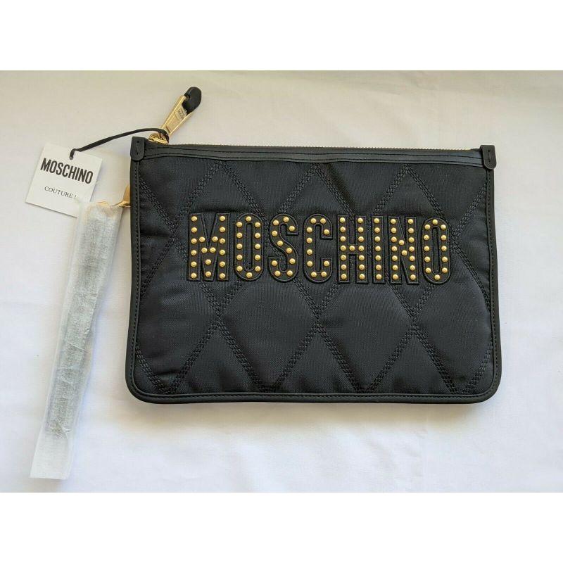 SS20 Moschino Couture Jeremy Scott Black Nylon Clutch With Gold Studded Logo For Sale 2