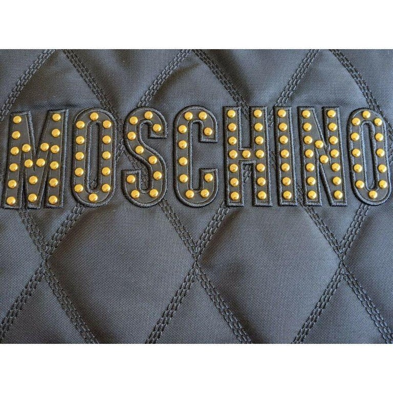 SS20 Moschino Couture Jeremy Scott Black Nylon Clutch With Gold Studded Logo For Sale 5