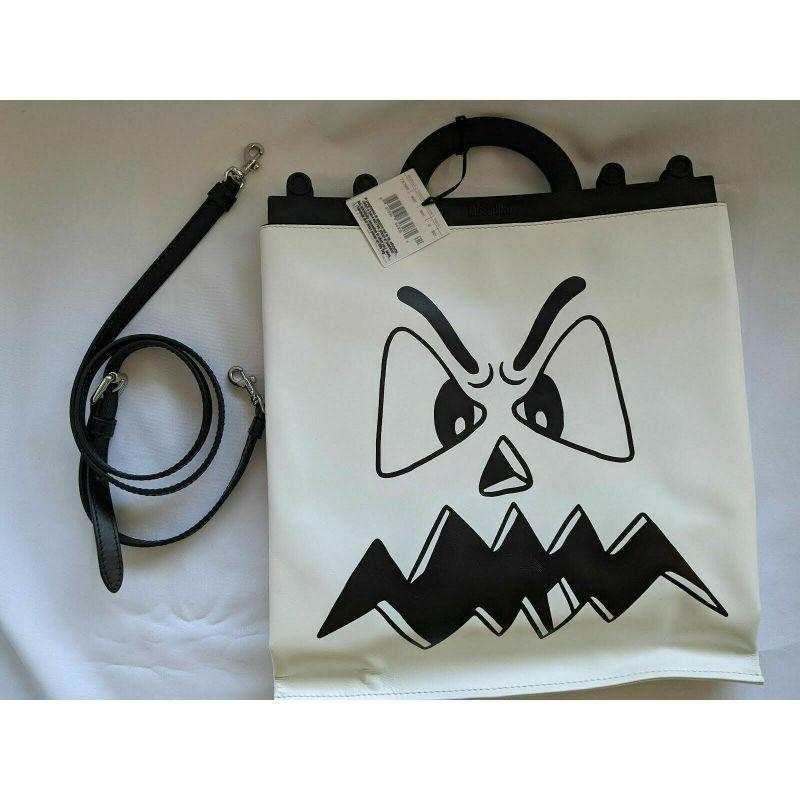Gray SS20 Moschino Couture Jeremy Scott Ghost Pumpkin Face White Leather Shopper Toc For Sale
