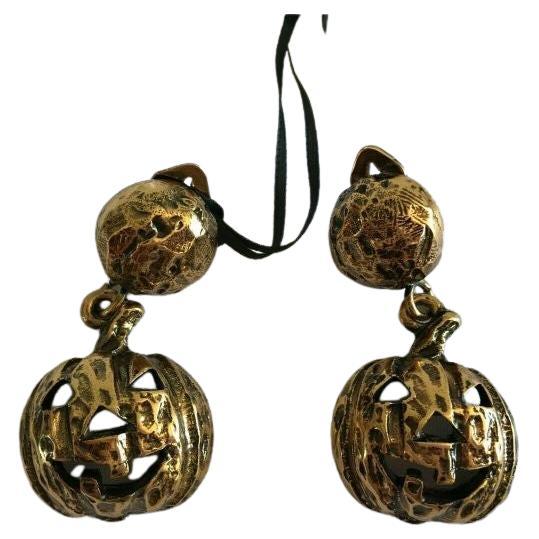 SS20 Moschino Couture Jeremy Scott Gold Electroplated Pumpkin Earrings Halloween For Sale