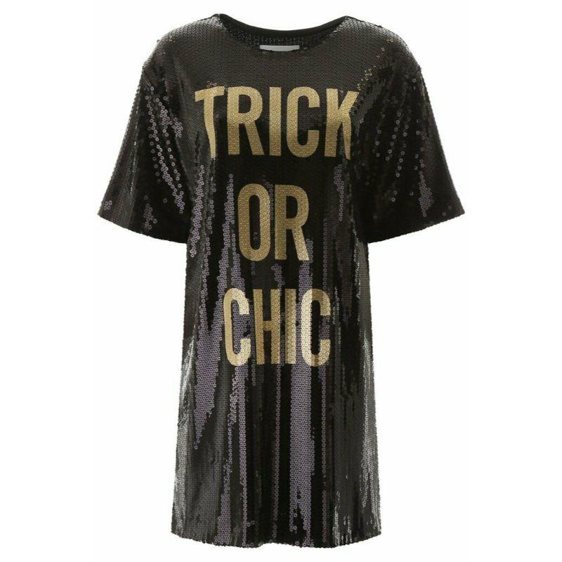SS20 Moschino Couture Jeremy Scott Trick or Chic Black/Gold Sequined Dress 38 IT In New Condition For Sale In Palm Springs, CA