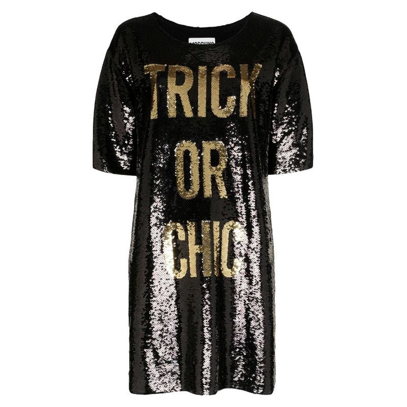 SS20 Moschino Couture Jeremy Scott Trick or Chic Schwarzes/goldenes Paillettenkleid 38 IT