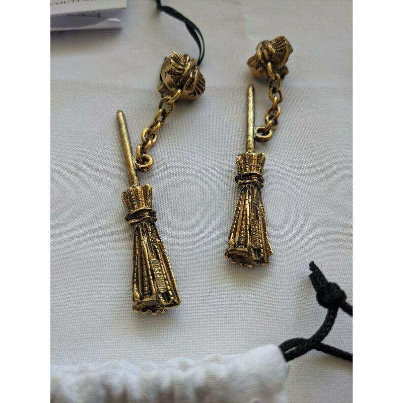 Modern SS20 Moschino Couture Jeremy Scott Witch Broom Clip on Gold Earrings Trick /Chic For Sale