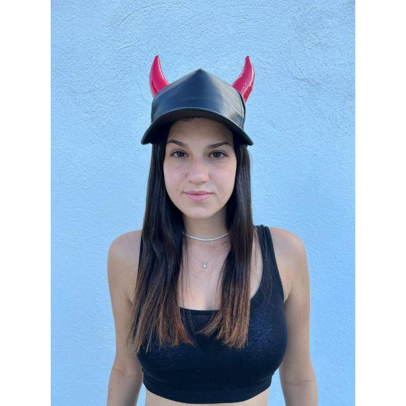 SS20 Moschino Couture Leather Cap Red Horns Trick or Chic by Jeremy Scott For Sale 10
