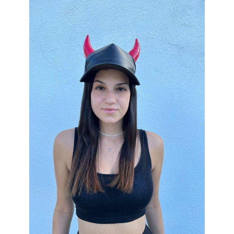 SS20 Moschino Couture Leather Cap Red Horns Trick or Chic by Jeremy Scott For Sale 13