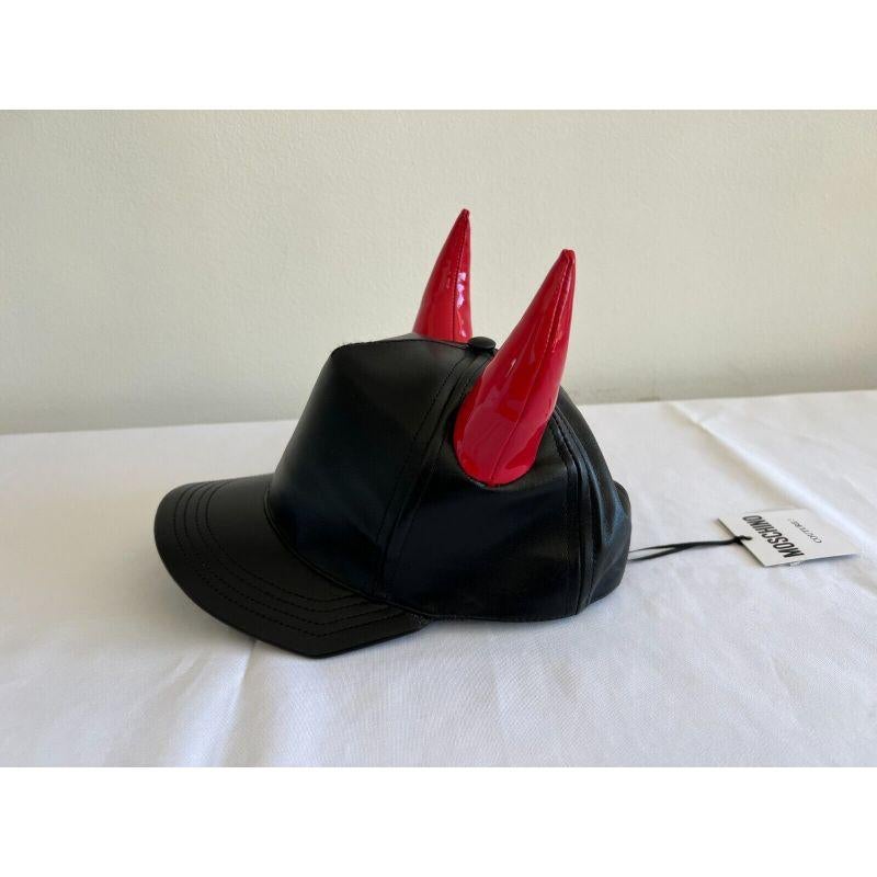 Black SS20 Moschino Couture Leather Cap Red Horns Trick or Chic by Jeremy Scott For Sale