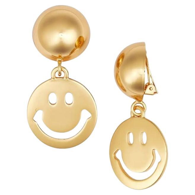 SS20 Moschino Couture Smiley Gold Tone Clip-on Drop Earrings by Jeremy Scott For Sale