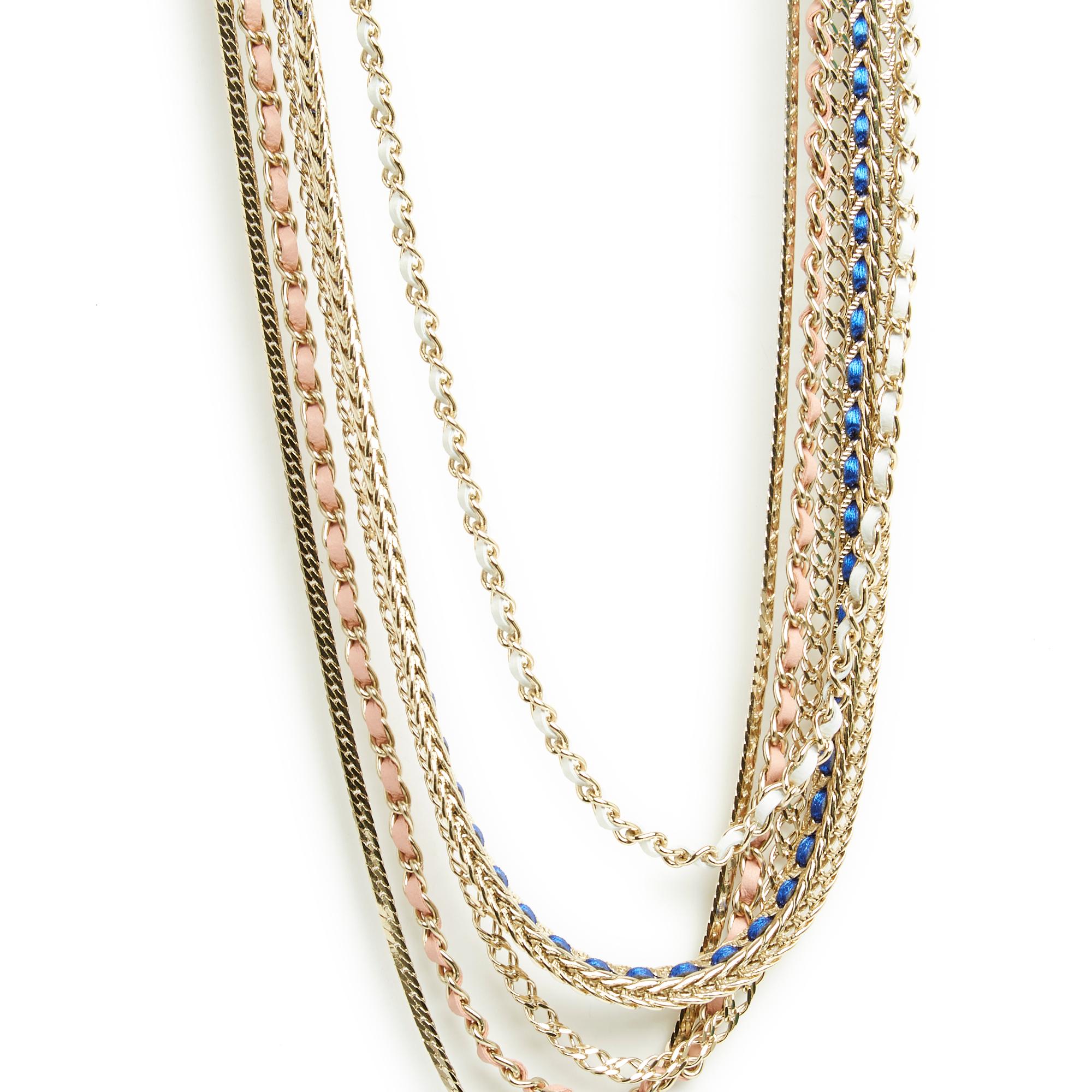 Chanel necklace Spring Summer 2022 collection string necklace composed of 5 long chains, some double, some intertwined with pink, blue or white leather interspersed with 2 large Chanel CC acronyms inlaid with white rhinestones, closure with a