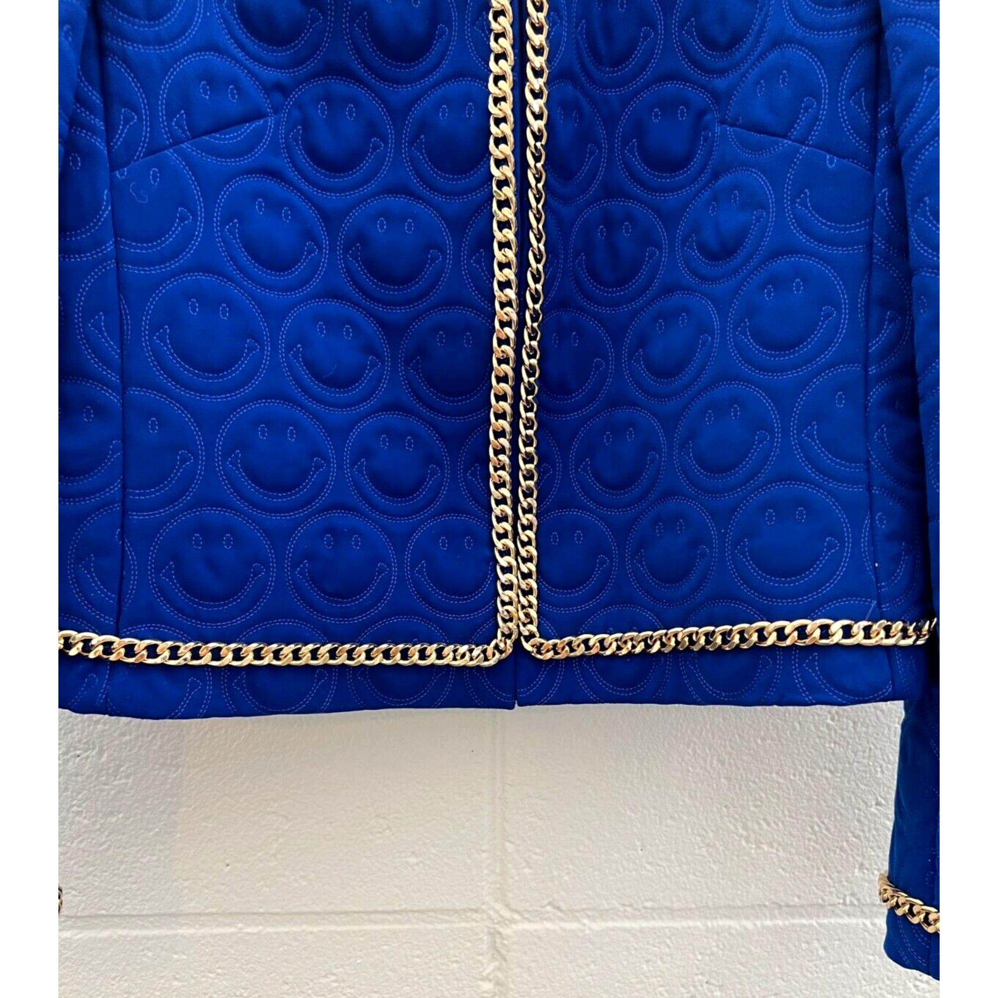 SS21 Moschino Couture Blauer Blazer mit smiley Face von Jeremy Scott, Größe US 10 (Violett) im Angebot